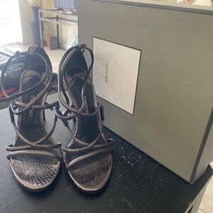 Tom Ford Gunmetal Metallic Snakeskin T Strap Sandals